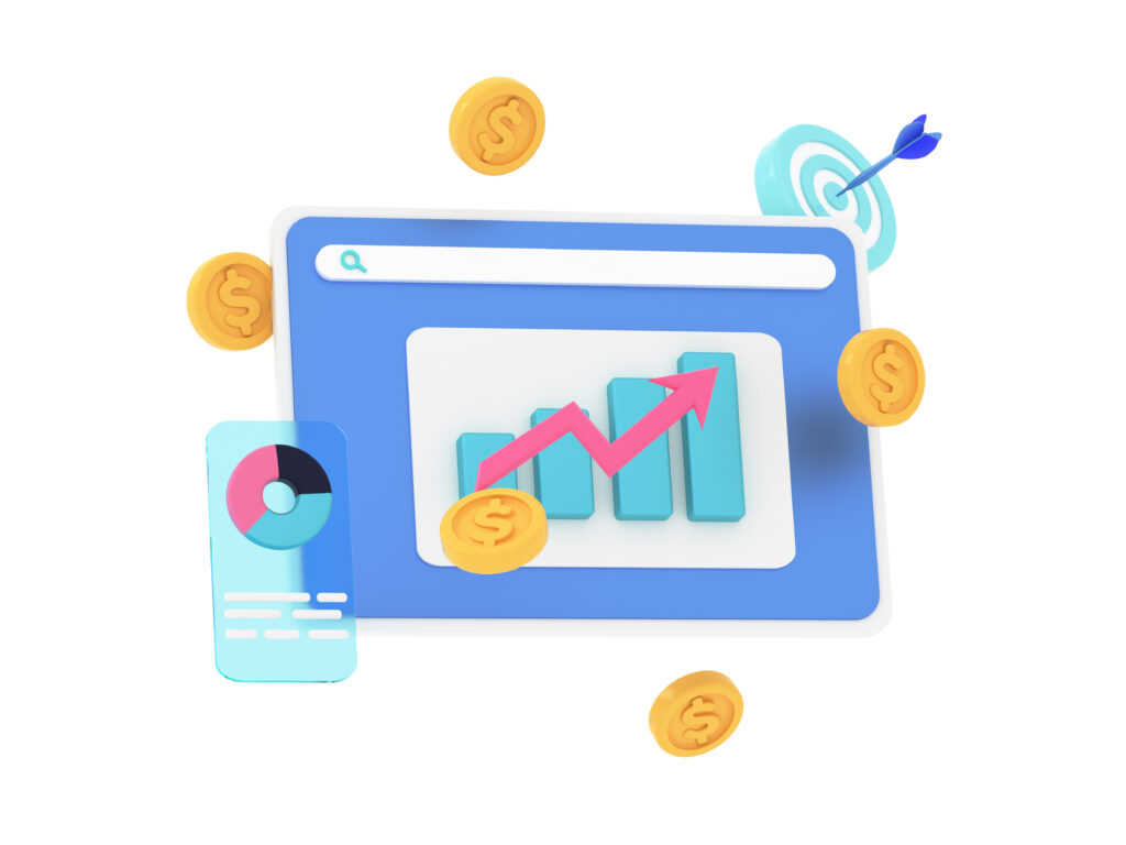 Web screen with chart and analytics. Gold coins floating around. Sales, increase money growth, progress marketing concept. 3d render illustration.